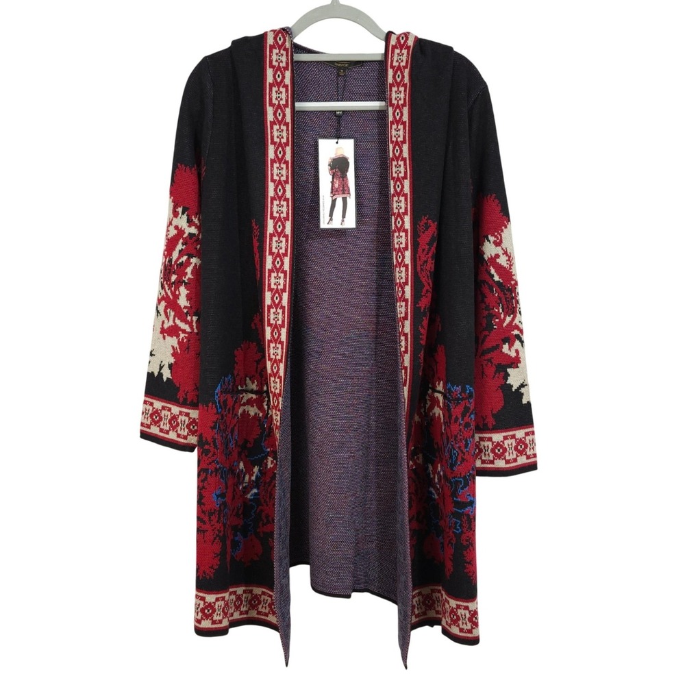 NEW MaxSport Open Front Duster Cardigan Medium Black Red Floral Jacquard MX37586